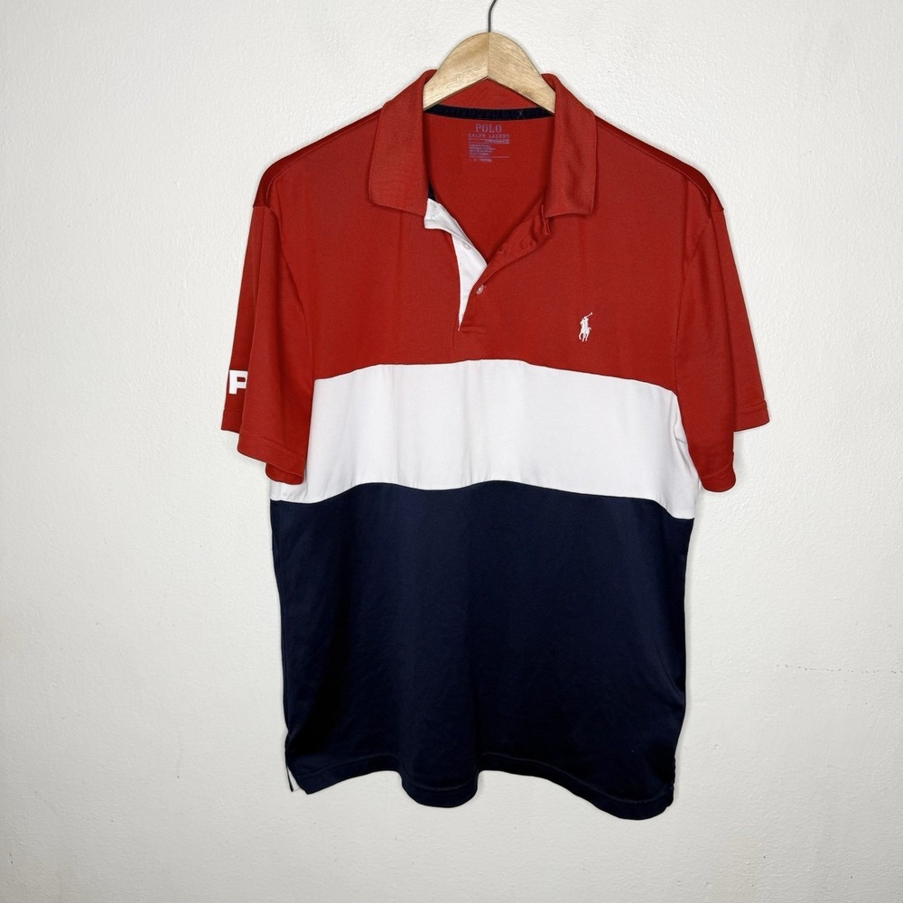 Polo Ralph Lauren Performance Polo Shirt Spellout Red White Blue‎ Men's Large